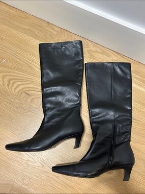 Tony Bianco Black Pointed-Toe Mid-Calf Leather Heeled Boots